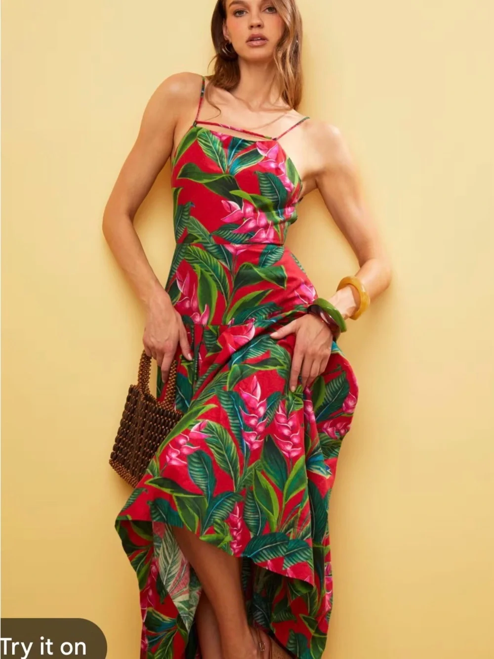 FARM Rio Red Tropical Maxi Dress with Green Leaf Print - Picture 2 of 4